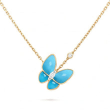 18K Van Cleef & Arpels Two Butterfly Pendant with Diamond & Turquoise Necklace