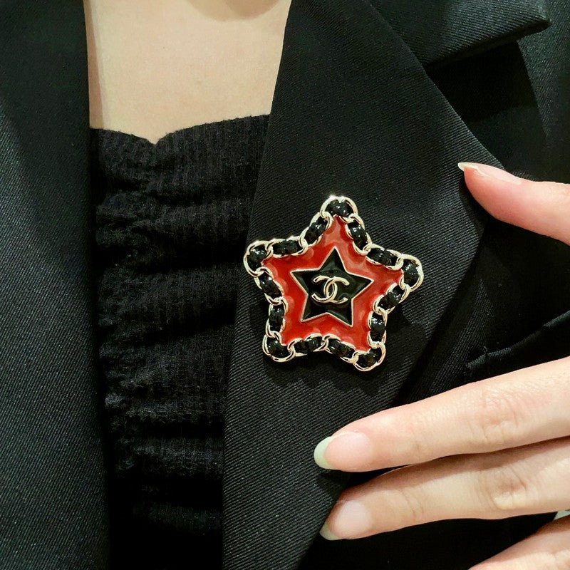 18K CC Black & Red Star Leather Brooch