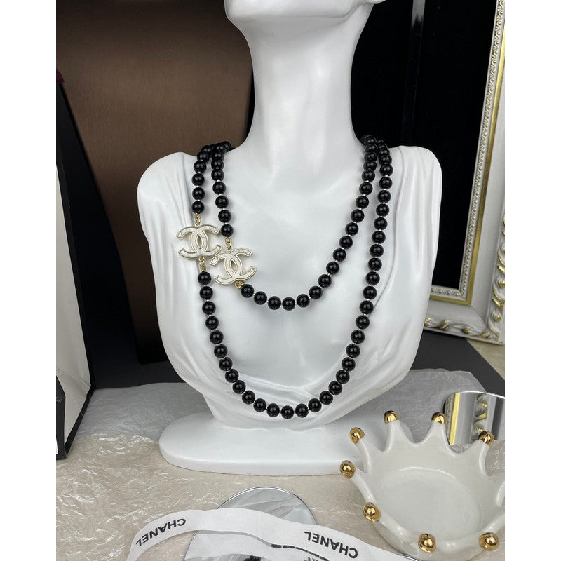 18K CC 23A Black Bead Long Necklace