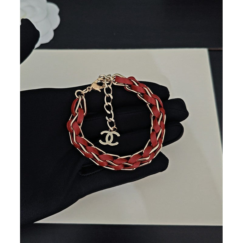 18K CC Red Leather Gold Chain Bracelet