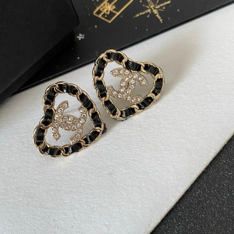 18K CC Black Leather Heart Gold Earrings