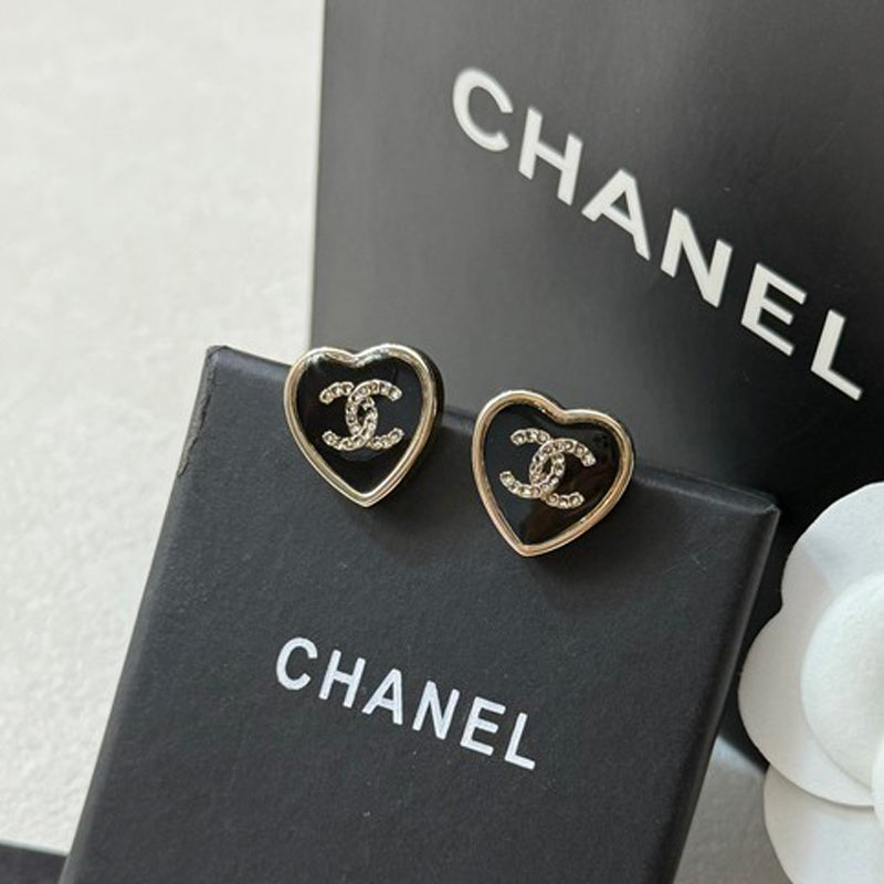 18K CC Black Heart Gold Earrings