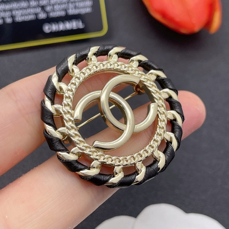 18K CC Leather Gold Brooch