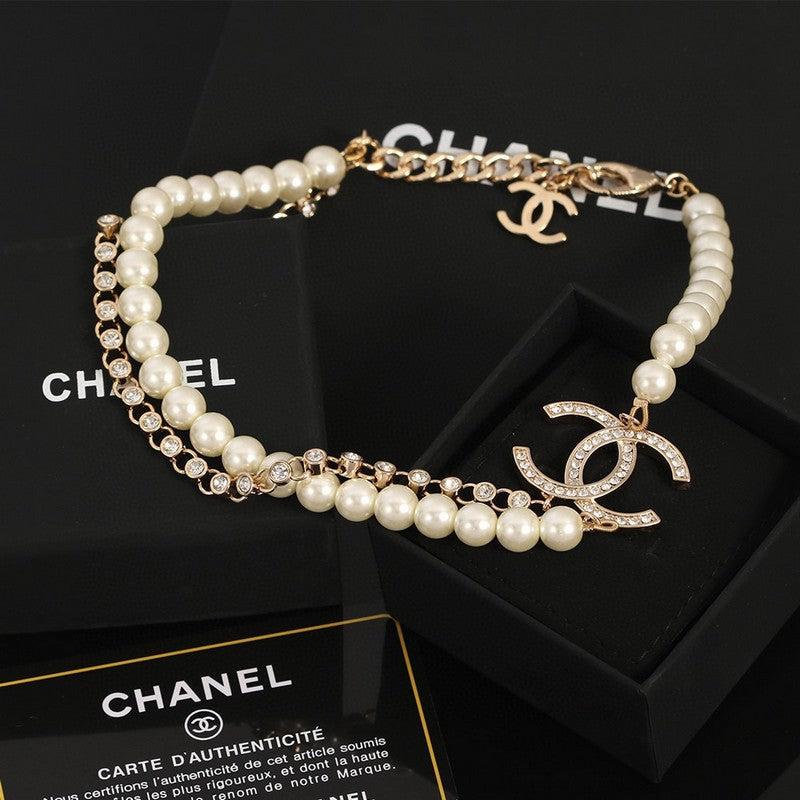 18K CC Double Chain Pearls Necklace