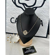 18K CC Black Leather Flower Necklace