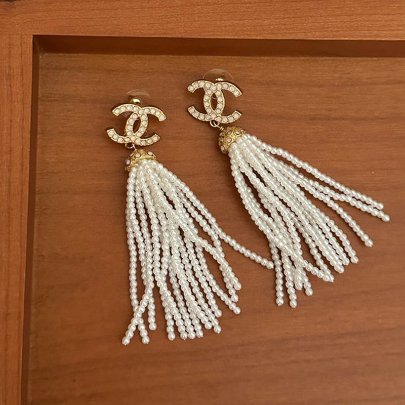 18K CC Pearl Tassel Earrings