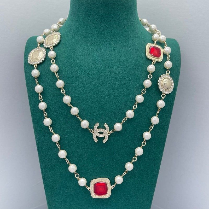 18K CC Red Crystal Pearl Long Necklace