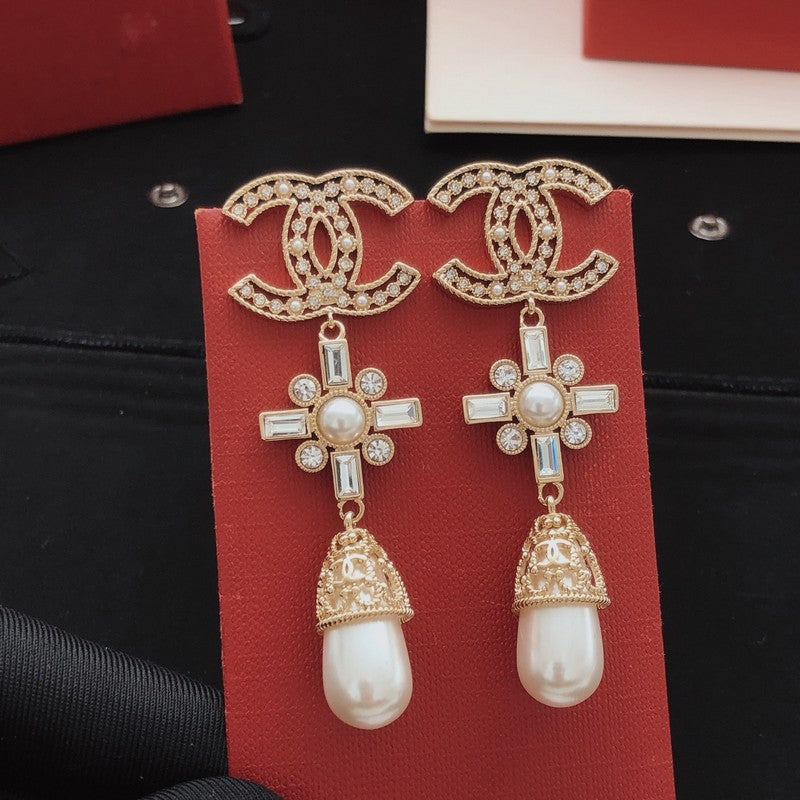 18K CC Diamond Cross Pearl Drop Earrings