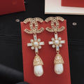 18K CC Diamond Cross Pearl Drop Earrings