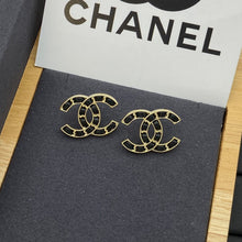 18K CC Black Leather Gold Earrings