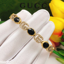 18K Double G Flowers Black Crystals Open Cuff Bracelet