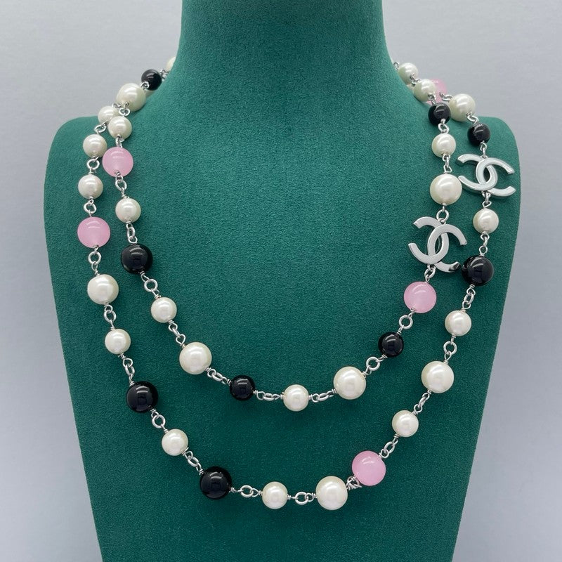 18K CC Black & Pink Bead Long Necklace