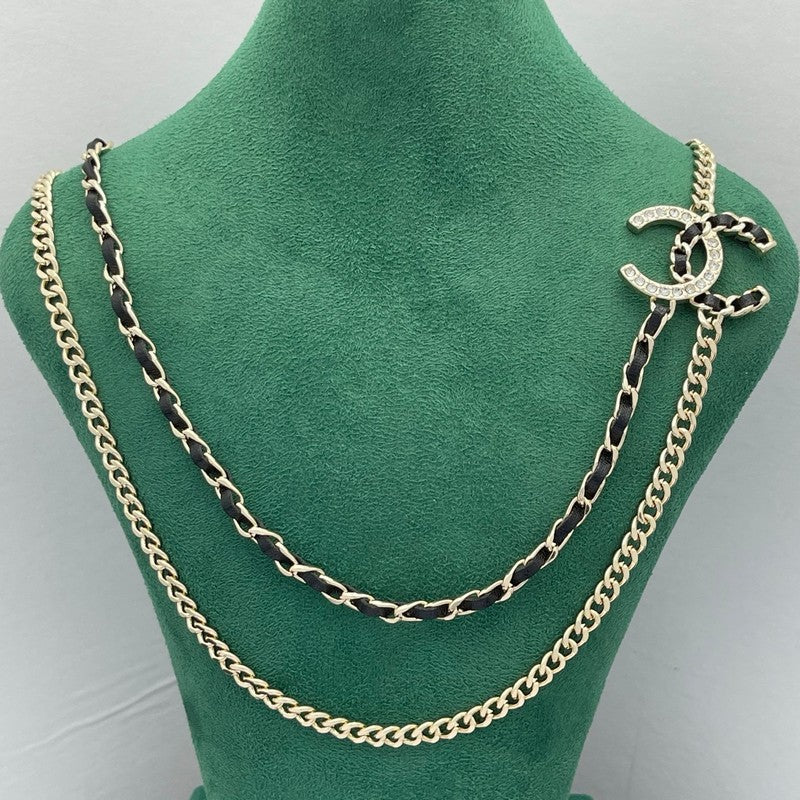 18K CC Black Leather Chain Necklace
