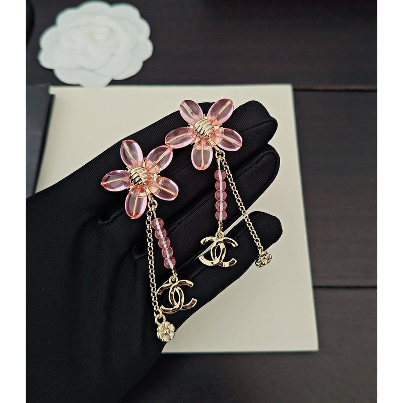 18K CC Pink Crystal Flower Gold Earrings