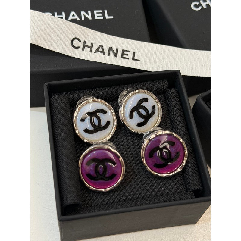 18K CC White & Purple Round Earrings