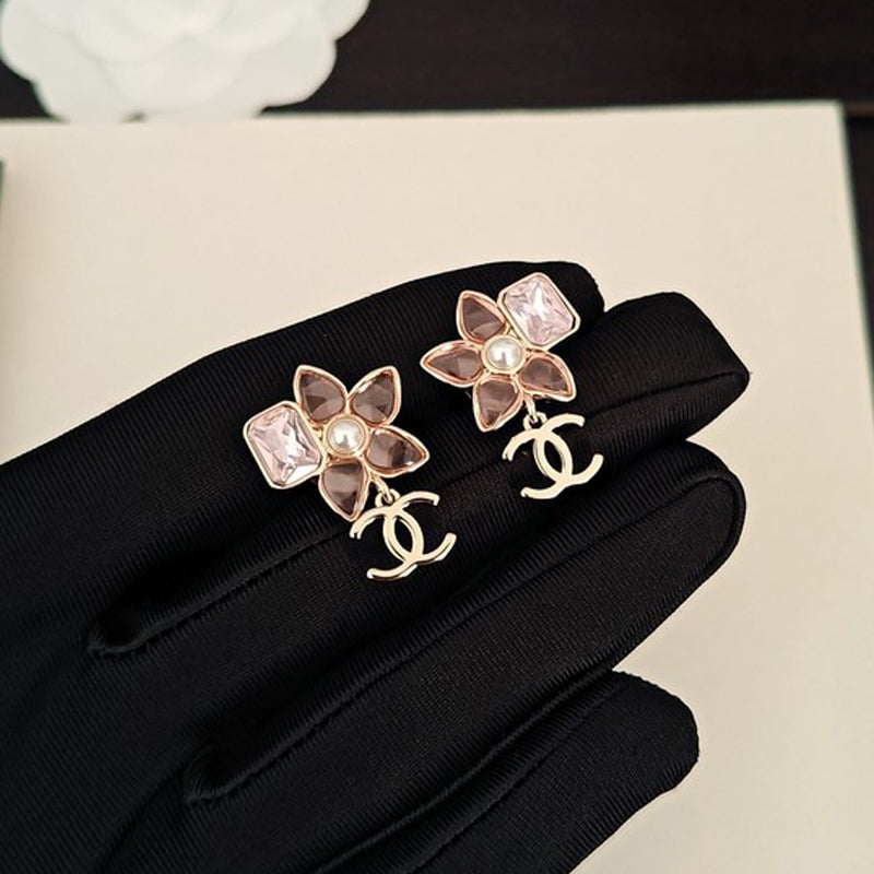 18K CC Pink Crystal Flower Drop Earrings