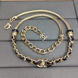 18K CC Black Leather Gold Chain Necklace