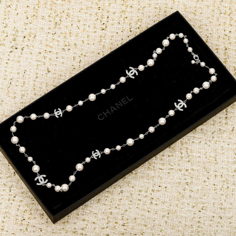 18K CC White Gold Long Pearl Necklace