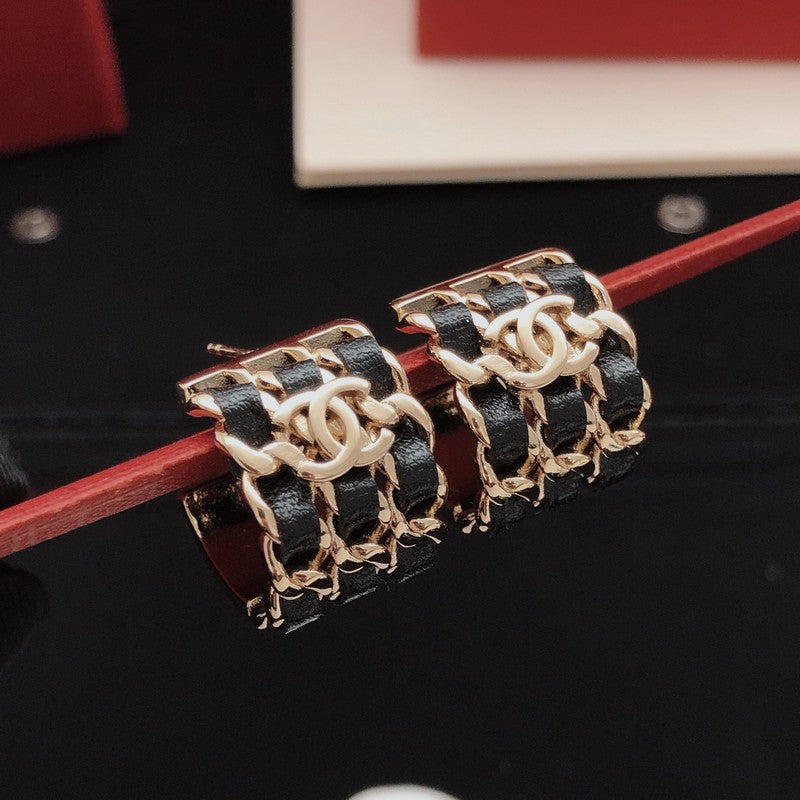 18K CC Leather Gold Circle Earrings