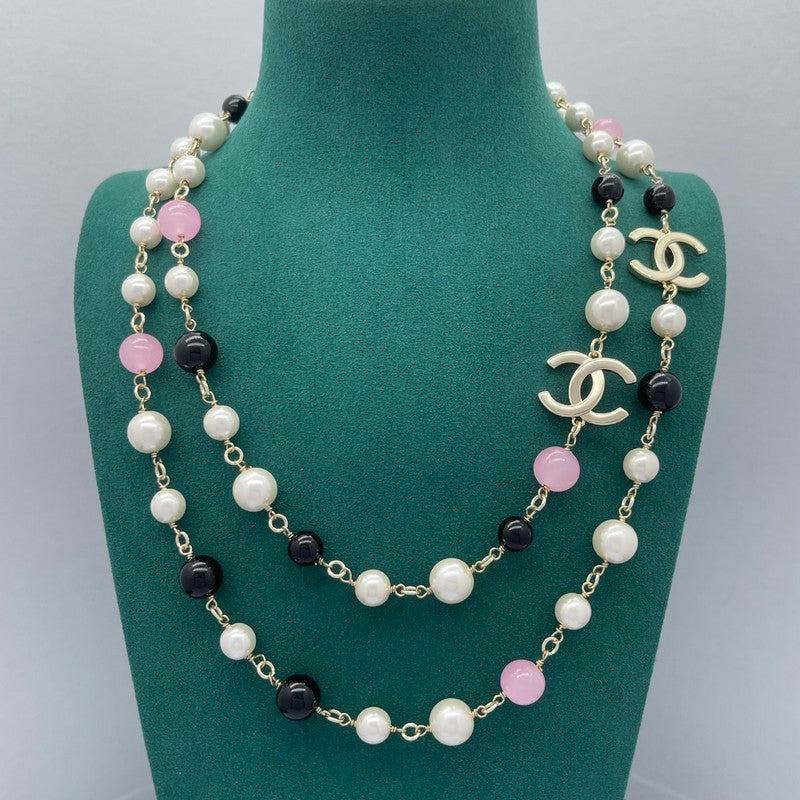 18K CC Black & Pink Bead Long Necklace