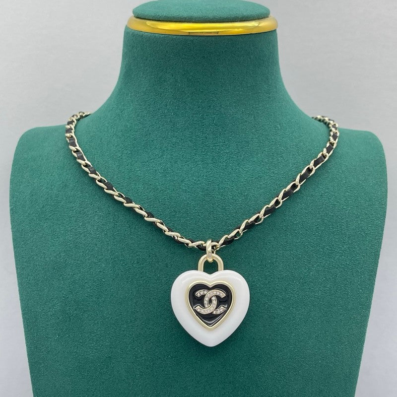 18K CC Black & White Heart Leather Necklace