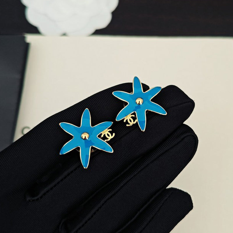 18K CC Blue Starfish Gold Earrings