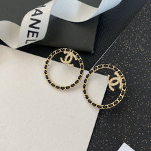 18K CC Black Leather Circle Earrings