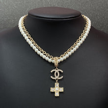 18K CC Cross Diamond Pearl Chain Necklace