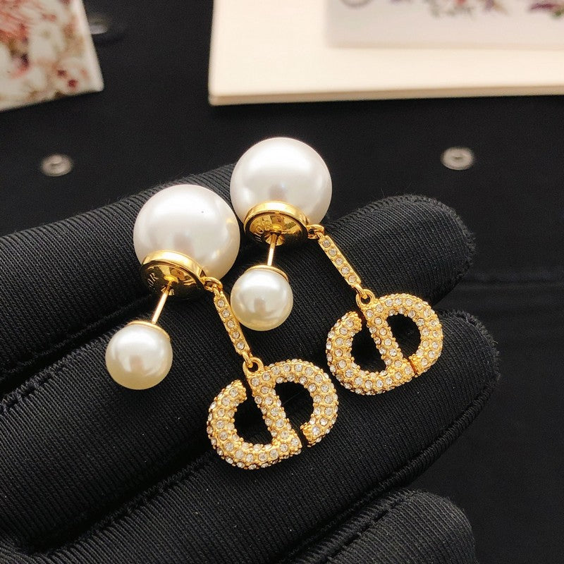18K CD Pave Diamond Pearl Earrings