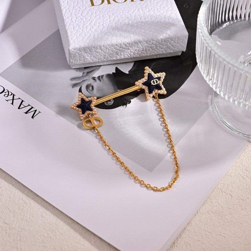 18K CD Black Star Gold Chain Brooch