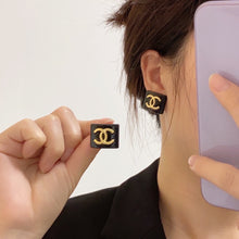 18K CC Black Resin Square Earrings