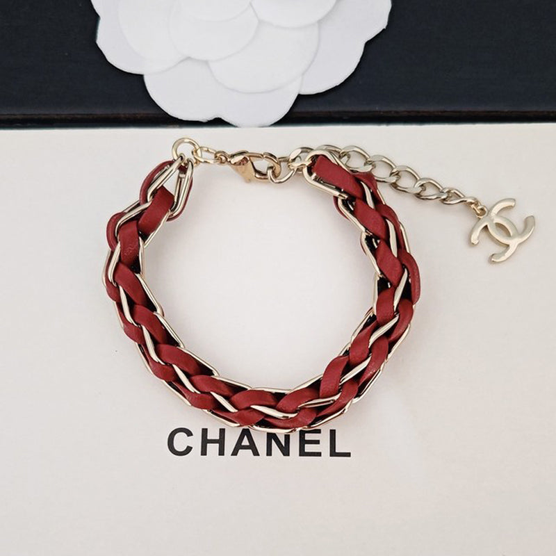 18K CC Red Leather Gold Chain Bracelet