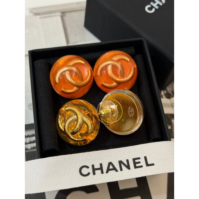18K CC Orange & Red Crystal Round Earrings