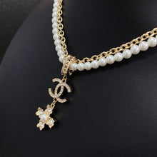 18K CC Cross Diamond Pearl Chain Necklace