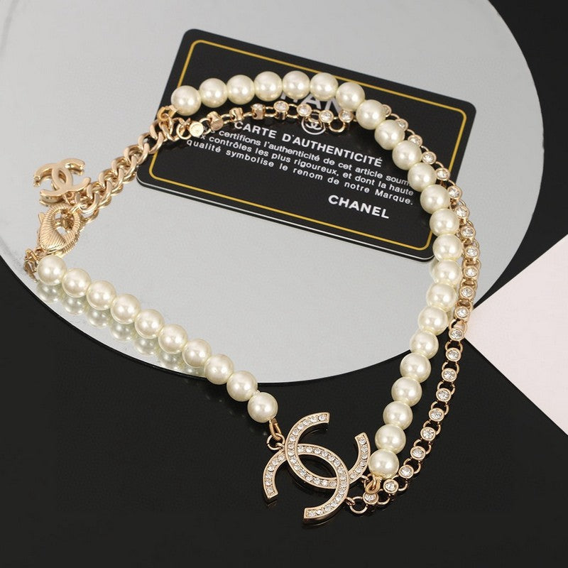 18K CC Double Chain Pearls Necklace