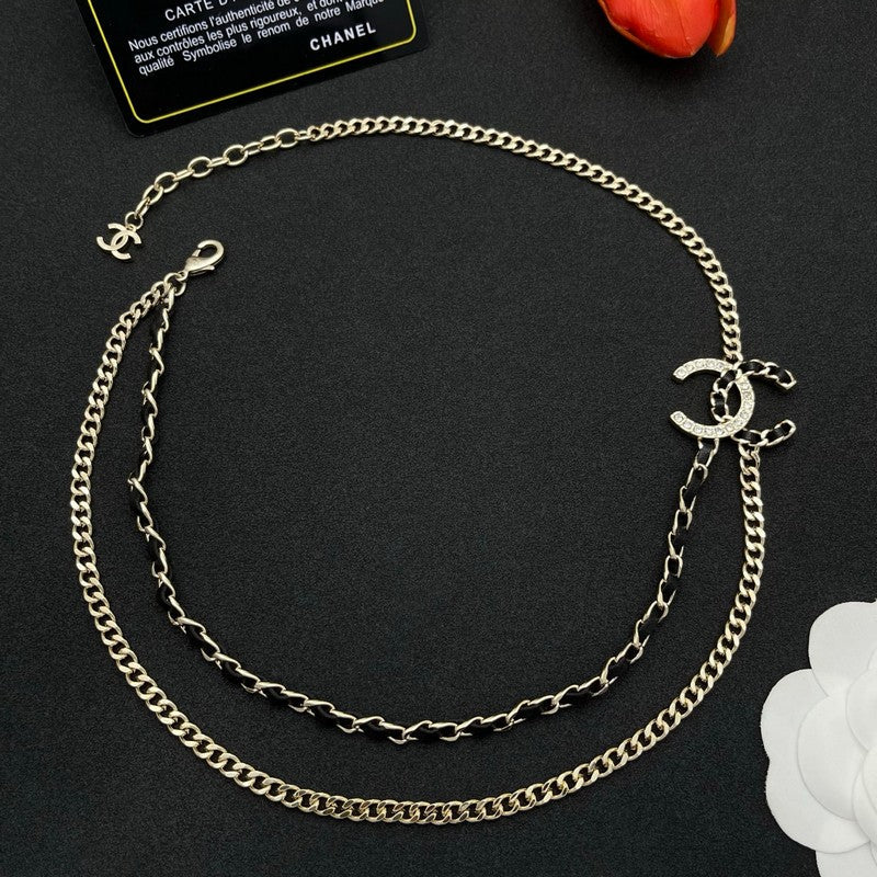 18K CC Black Leather Chain Necklace