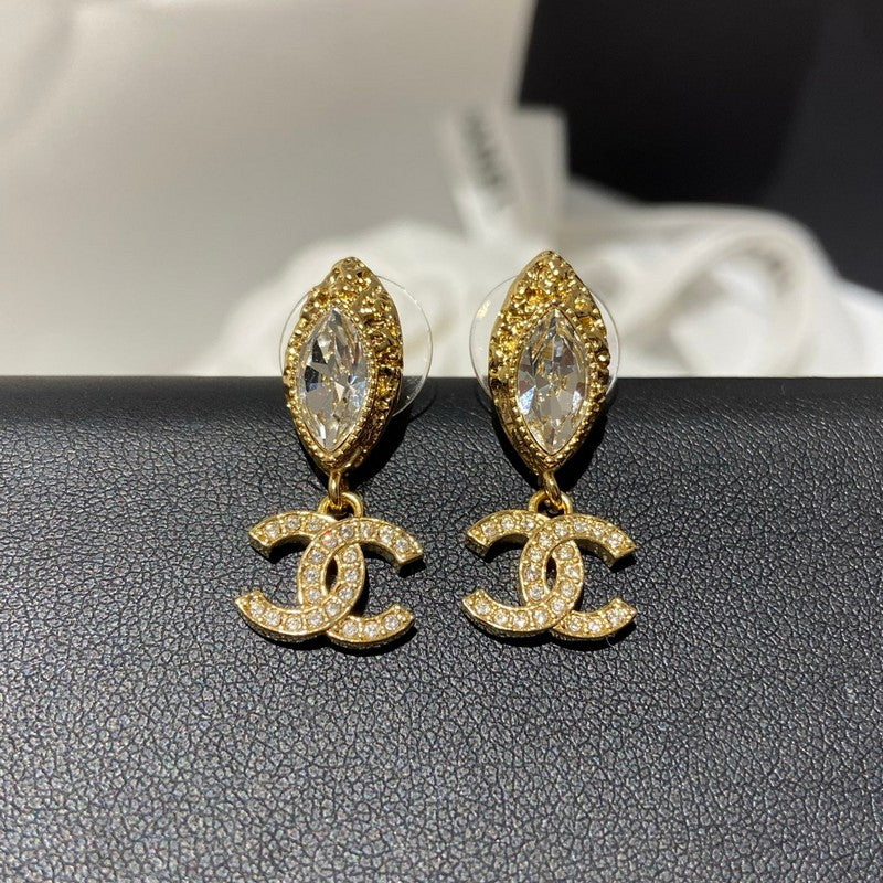 18K CC Diamond Gold Pendant Earrings
