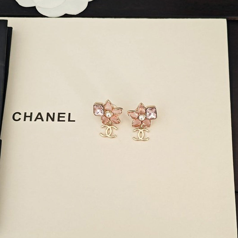 18K CC Pink Crystal Flower Drop Earrings