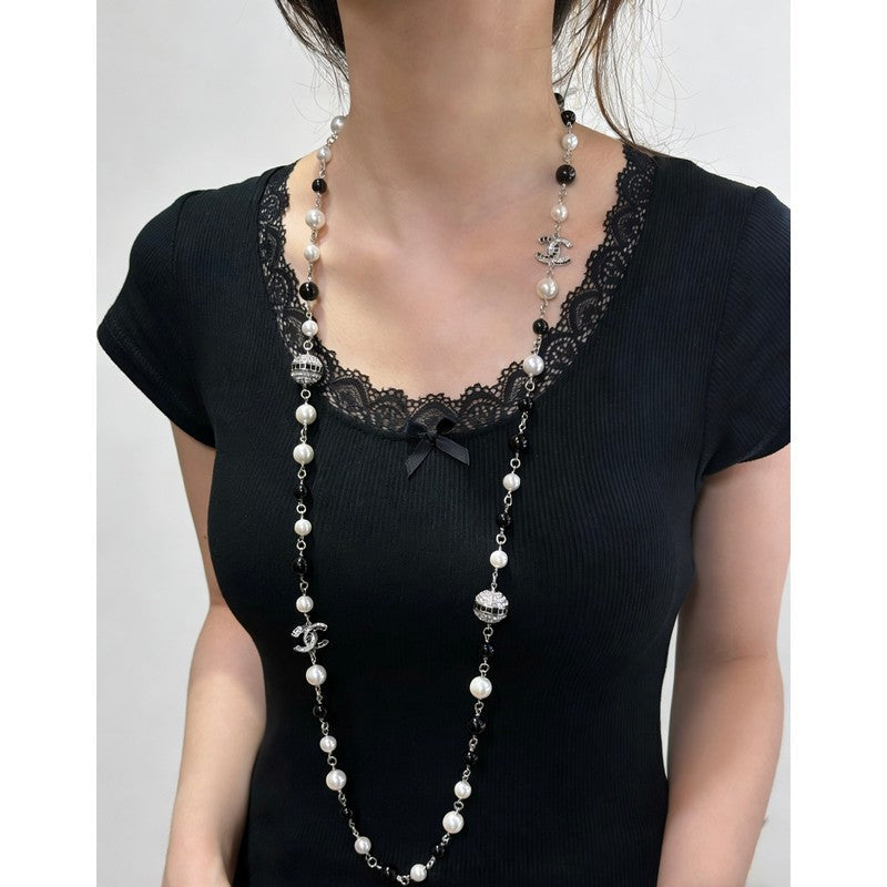 18K CC Long Black Beads Pearl Necklace