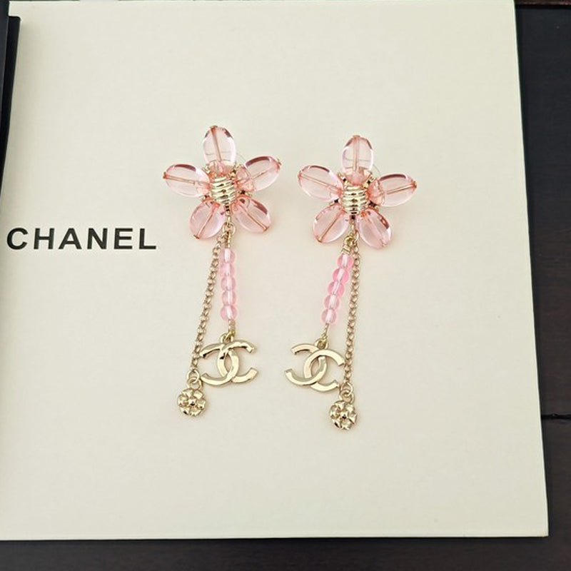 18K CC Pink Crystal Flower Gold Earrings