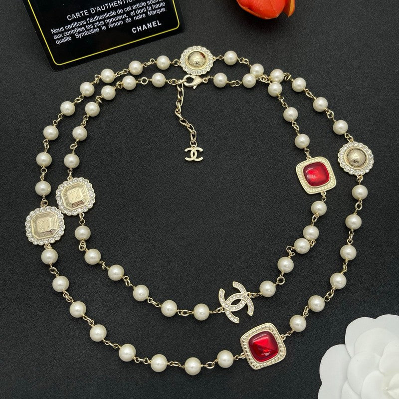 18K CC Red Crystal Pearl Long Necklace