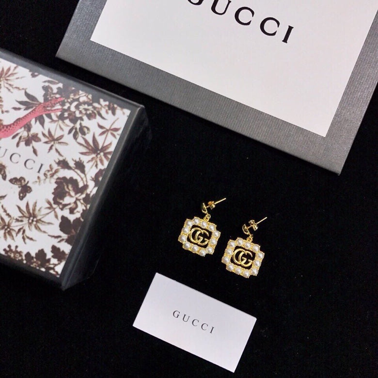 18K Double G Square Pearl Earrings