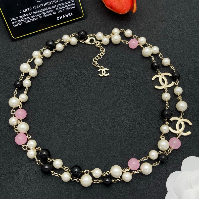 18K CC Black & Pink Bead Long Necklace