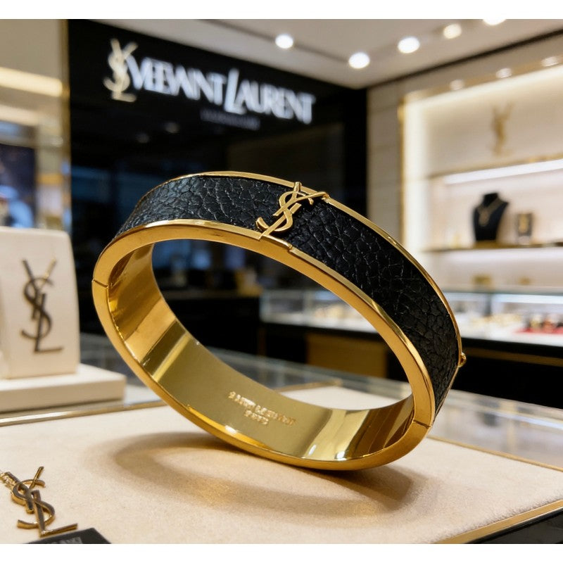 18K Saint Black Leather Gold Bracelet
