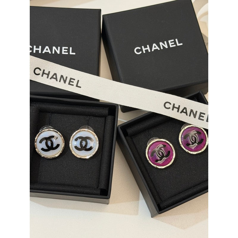 18K CC White & Purple Round Earrings