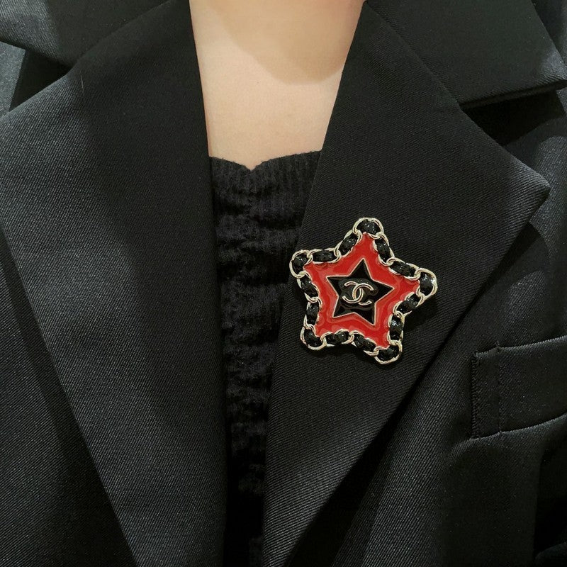 18K CC Black & Red Star Leather Brooch