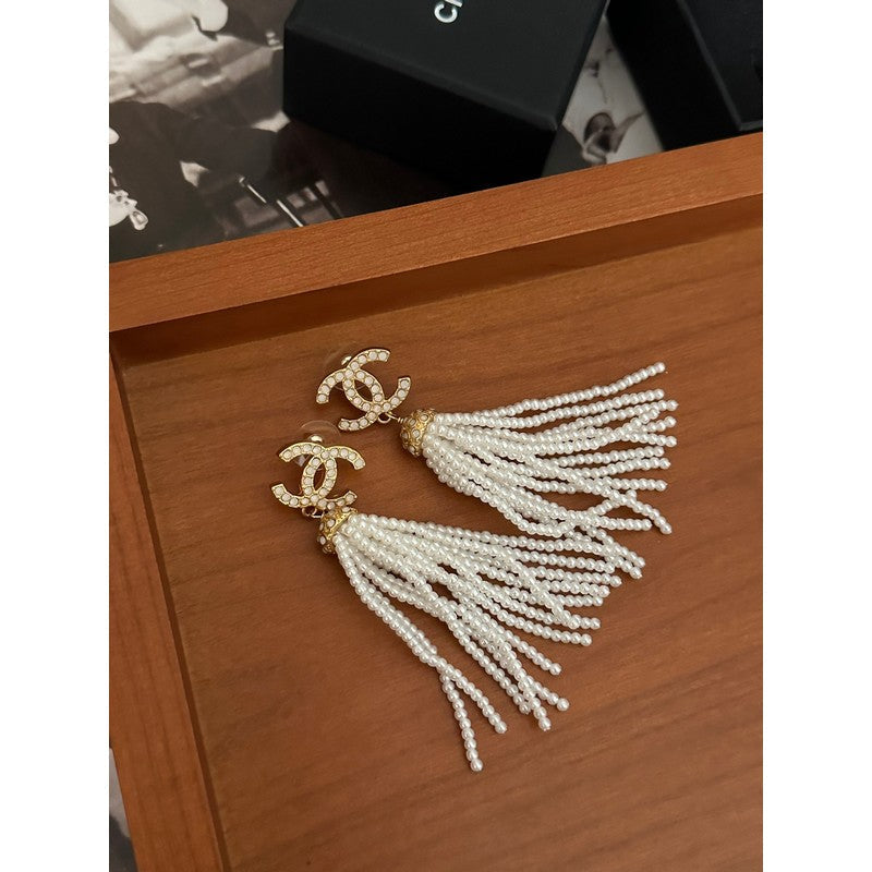 18K CC Pearl Tassel Earrings