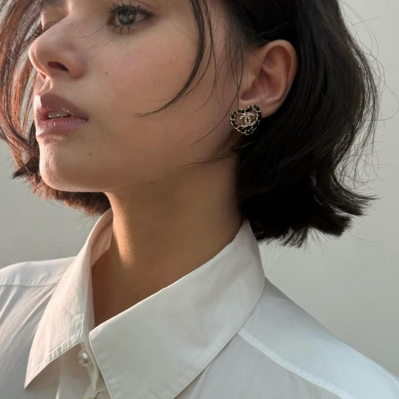 18K CC Black Leather Heart Gold Earrings