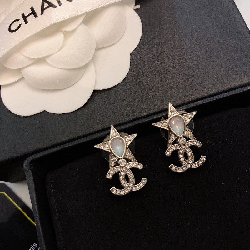 18K CC Diamond Star Gold Earrings