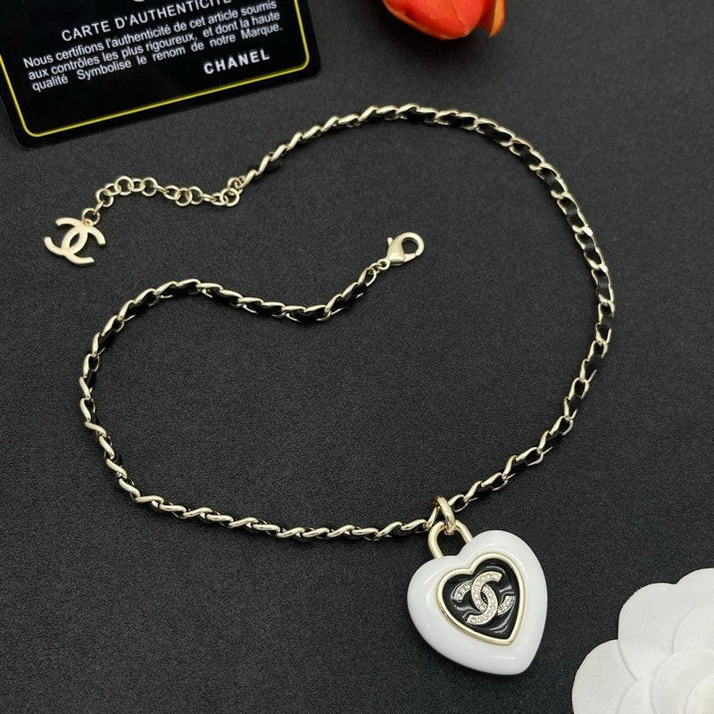 18K CC Black & White Heart Leather Necklace